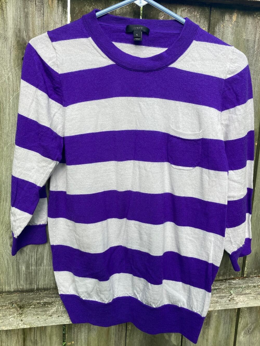 J. Crew - Preppy Twee Mod Gray and Purple Striped Soft Merino Wool Sweater - XL